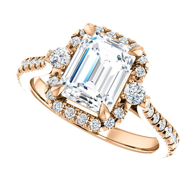Emerald / Radiant Moissanite Cathedral Halo Engagement Ring with Claw Prongs