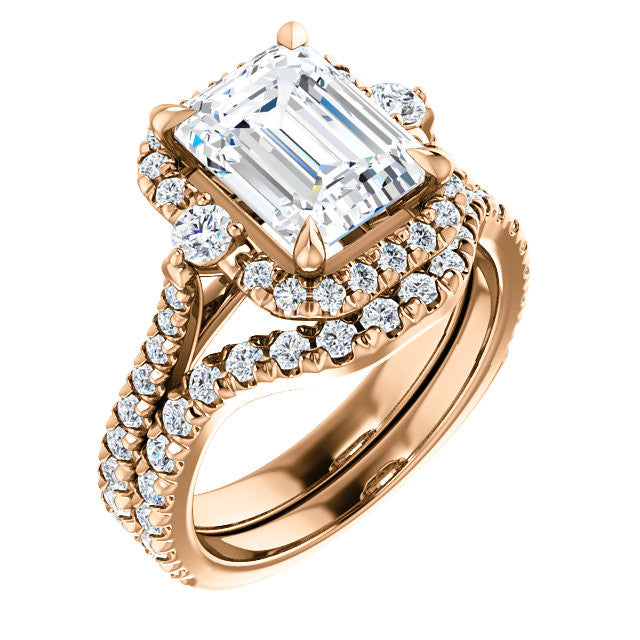 Emerald / Radiant Moissanite Cathedral Halo Engagement Ring with Claw Prongs