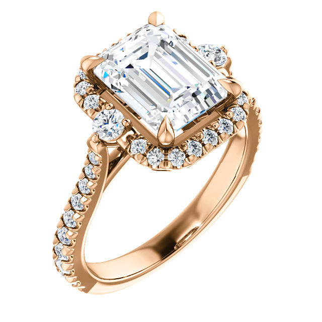 Emerald / Radiant Moissanite Cathedral Halo Engagement Ring with Claw Prongs