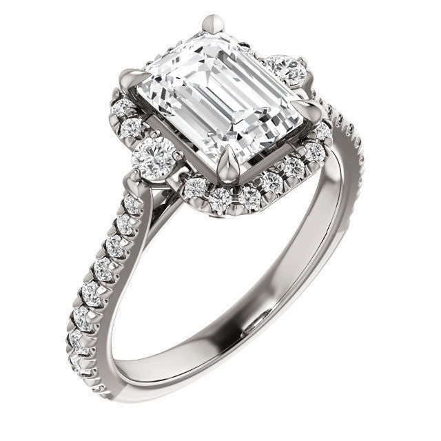 Emerald / Radiant Moissanite Cathedral Halo Engagement Ring with Claw Prongs