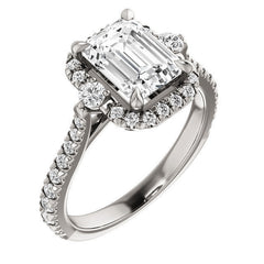Emerald / Radiant Moissanite Cathedral Halo Engagement Ring with Claw Prongs