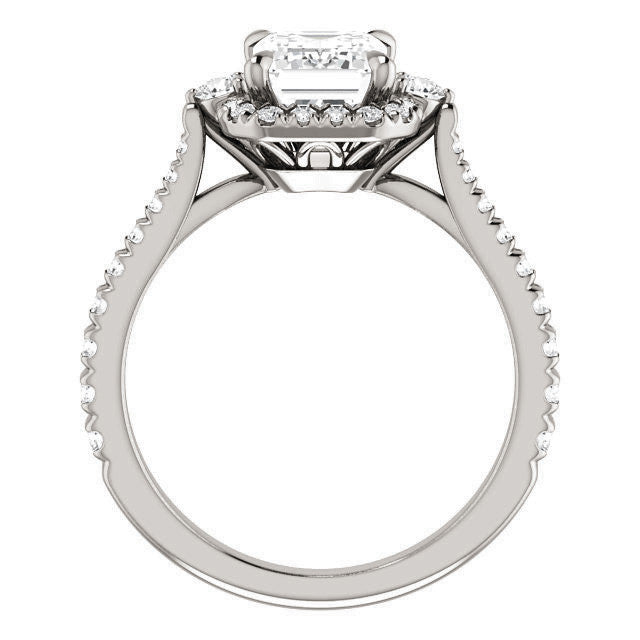 Emerald / Radiant Moissanite Cathedral Halo Engagement Ring with Claw Prongs