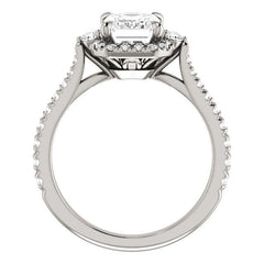 Emerald / Radiant Moissanite Cathedral Halo Engagement Ring with Claw Prongs