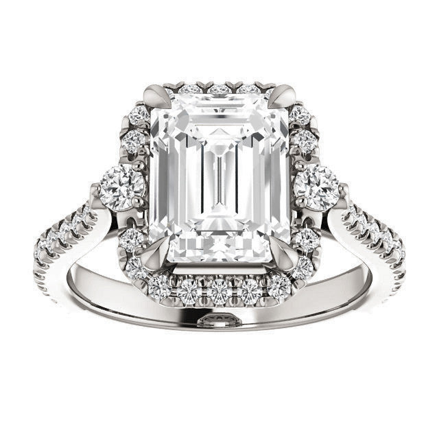 Emerald / Radiant Moissanite Cathedral Halo Engagement Ring with Claw Prongs