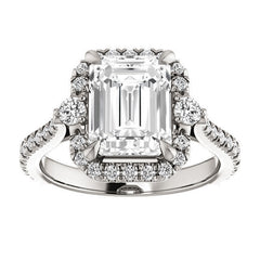 Emerald / Radiant Moissanite Cathedral Halo Engagement Ring with Claw Prongs