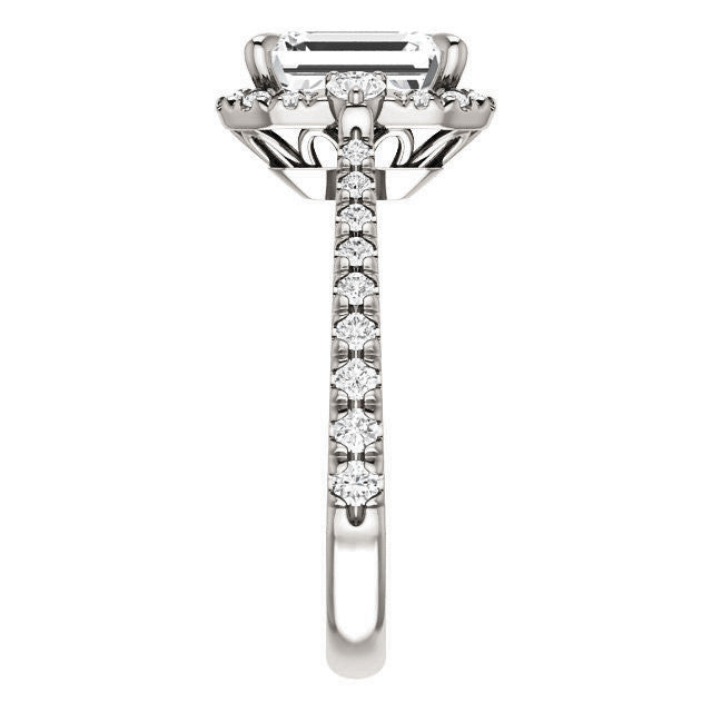 Emerald / Radiant Moissanite Cathedral Halo Engagement Ring with Claw Prongs