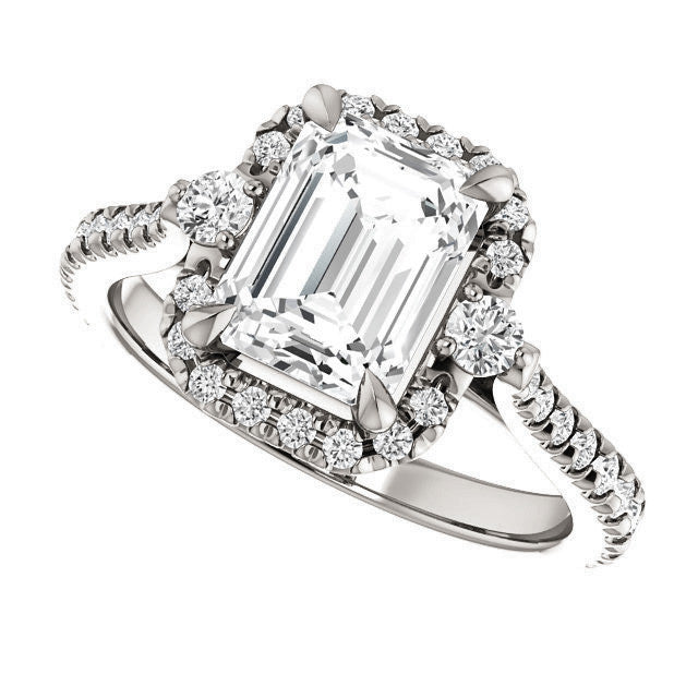 Emerald / Radiant Moissanite Cathedral Halo Engagement Ring with Claw Prongs