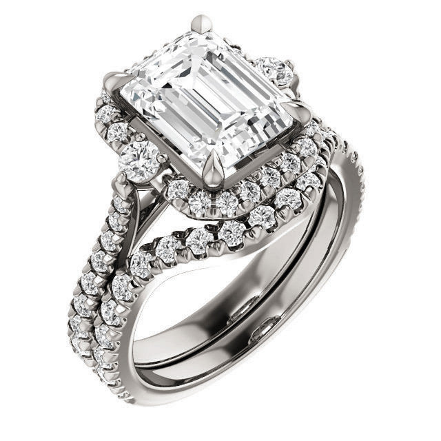 Emerald / Radiant Moissanite Cathedral Halo Engagement Ring with Claw Prongs
