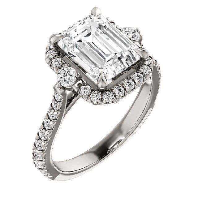 Emerald / Radiant Moissanite Cathedral Halo Engagement Ring with Claw Prongs