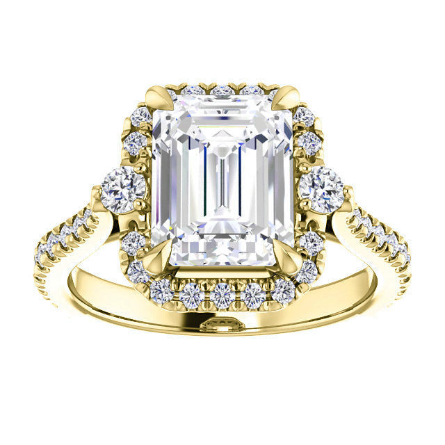 Emerald / Radiant Moissanite Cathedral Halo Engagement Ring with Claw Prongs