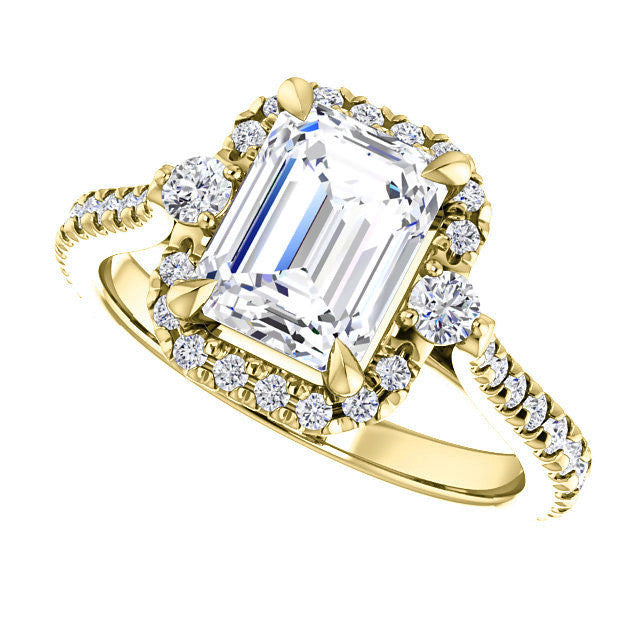 Emerald / Radiant Moissanite Cathedral Halo Engagement Ring with Claw Prongs