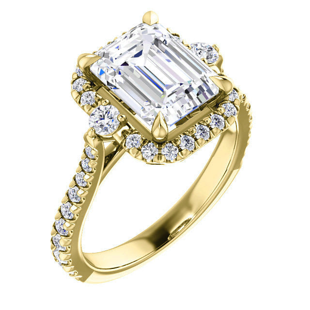 Emerald / Radiant Moissanite Cathedral Halo Engagement Ring with Claw Prongs
