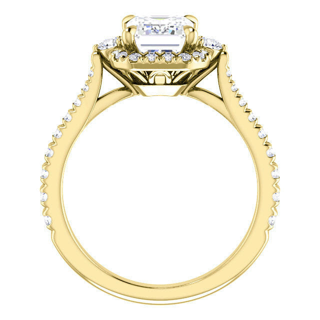 Emerald / Radiant Moissanite Cathedral Halo Engagement Ring with Claw Prongs