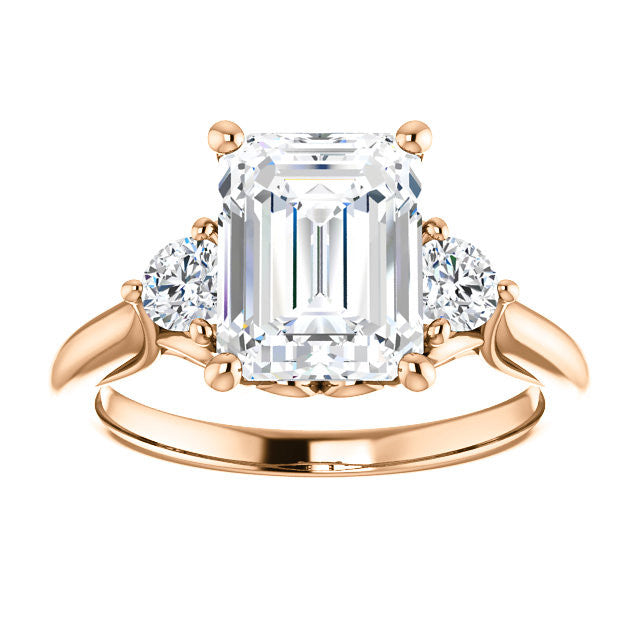 Emerald / Radiant and Round Brilliant Moissanite 3-Stone Ring with Scrolls