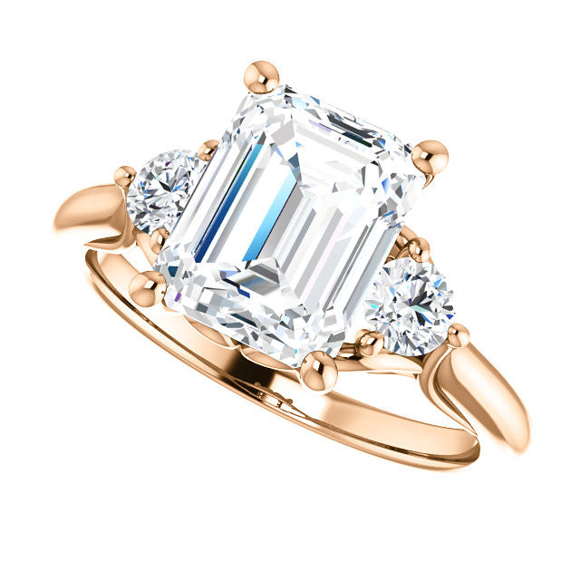 Emerald / Radiant and Round Brilliant Moissanite 3-Stone Ring with Scrolls