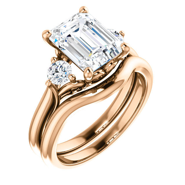 Emerald / Radiant and Round Brilliant Moissanite 3-Stone Ring with Scrolls