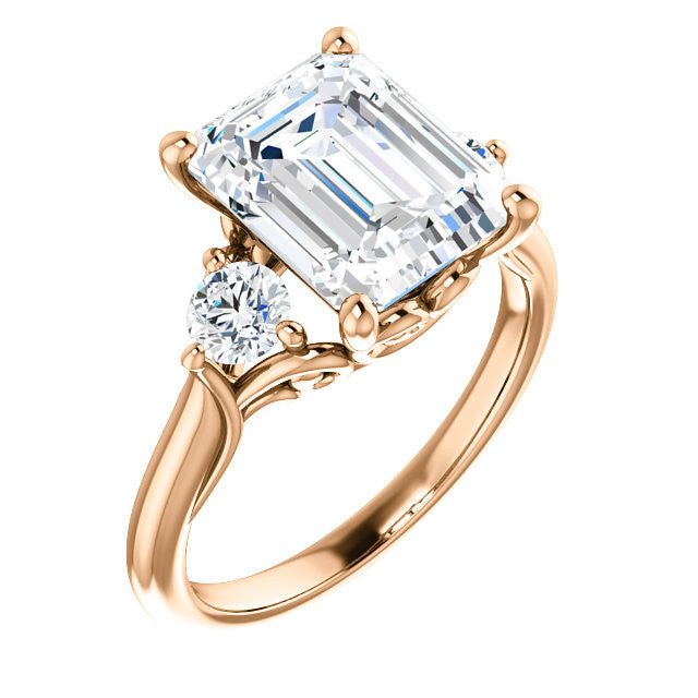Emerald / Radiant and Round Brilliant Moissanite 3-Stone Ring with Scrolls