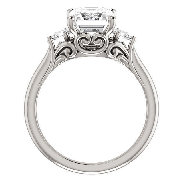Emerald / Radiant and Round Brilliant Moissanite 3-Stone Ring with Scrolls