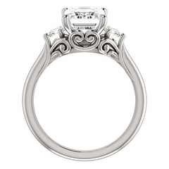 Emerald / Radiant and Round Brilliant Moissanite 3-Stone Ring with Scrolls