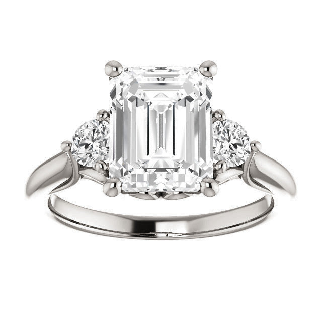 Emerald / Radiant and Round Brilliant Moissanite 3-Stone Ring with Scrolls