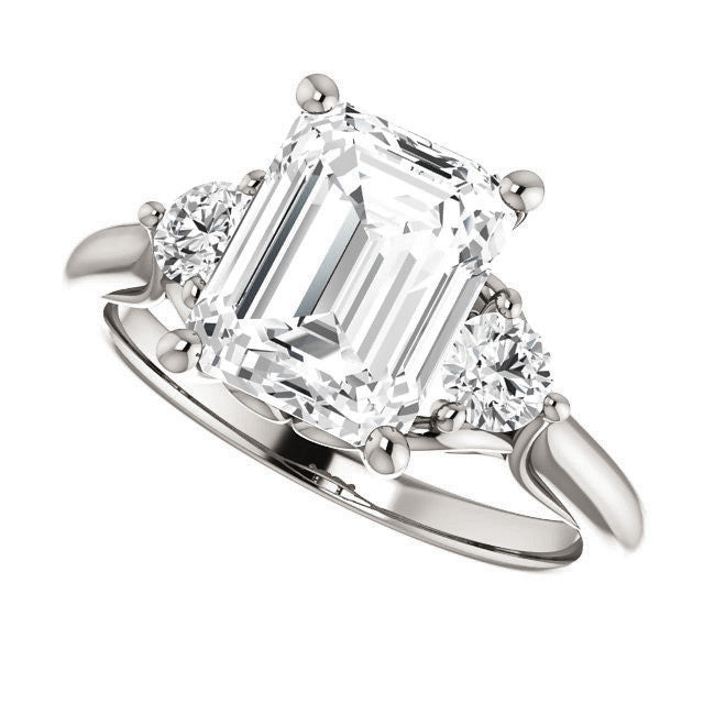 Emerald / Radiant and Round Brilliant Moissanite 3-Stone Ring with Scrolls