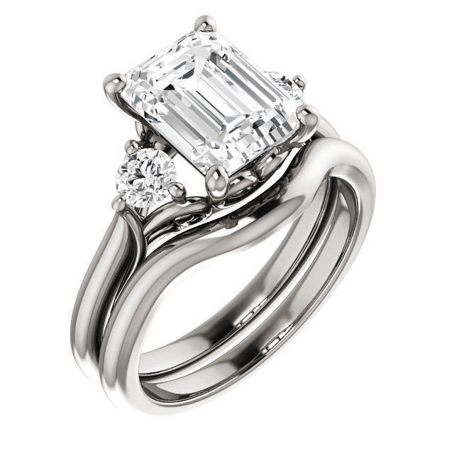 Emerald / Radiant and Round Brilliant Moissanite 3-Stone Ring with Scrolls