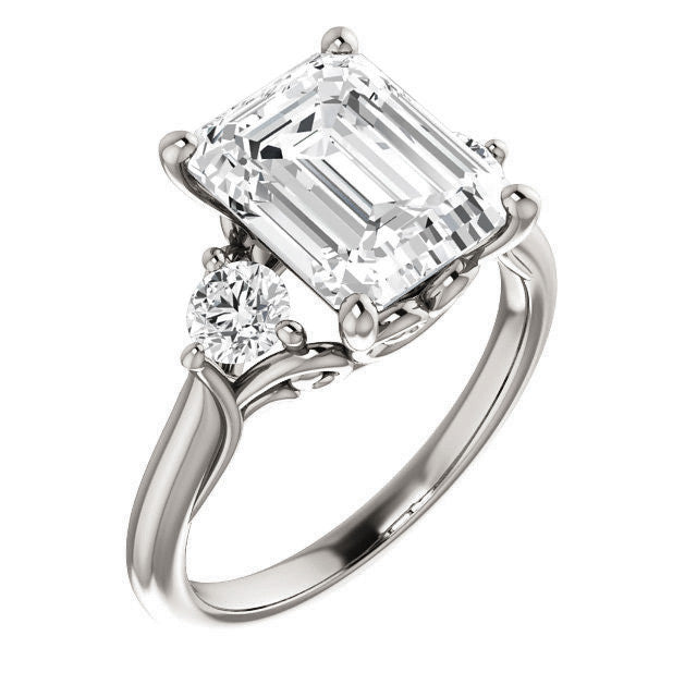Emerald / Radiant and Round Brilliant Moissanite 3-Stone Ring with Scrolls