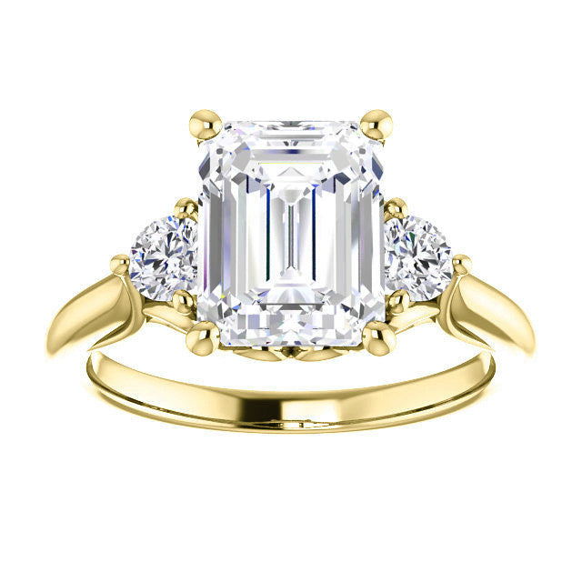 Emerald / Radiant and Round Brilliant Moissanite 3-Stone Ring with Scrolls