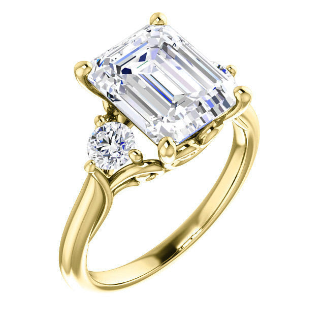 Emerald / Radiant and Round Brilliant Moissanite 3-Stone Ring with Scrolls