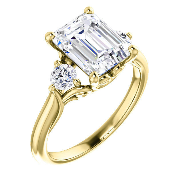 Emerald / Radiant and Round Brilliant Moissanite 3-Stone Ring with Scrolls