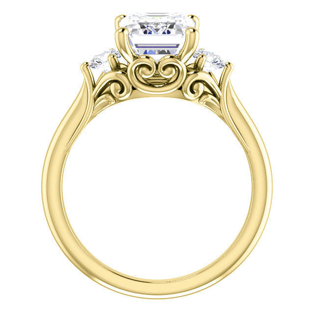 Emerald / Radiant and Round Brilliant Moissanite 3-Stone Ring with Scrolls