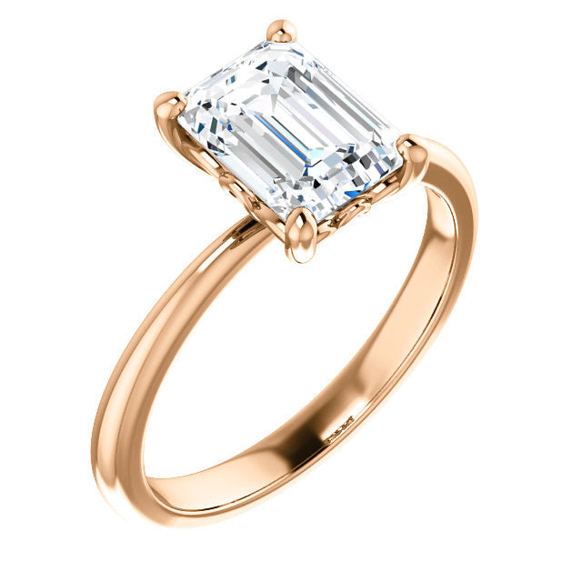 Emerald / Radiant cut Moissanite Solitaire with Scroll Accent Basket Design