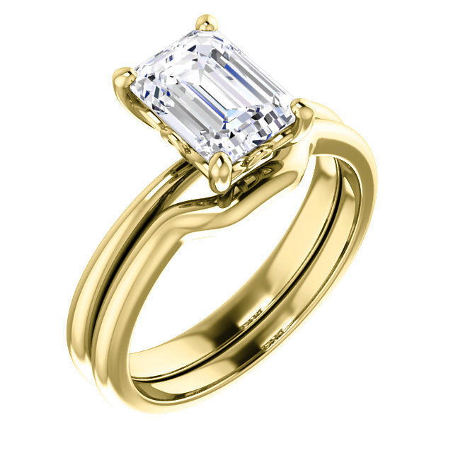 Emerald / Radiant cut Moissanite Solitaire with Scroll Accent Basket Design