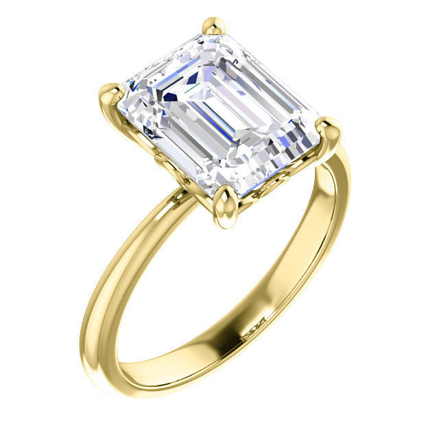 Emerald / Radiant cut Moissanite Solitaire with Scroll Accent Basket Design