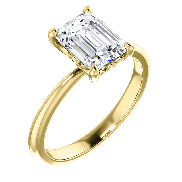 Emerald / Radiant cut Moissanite Solitaire with Scroll Accent Basket Design