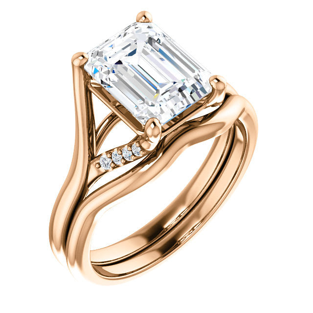 Emerald / Radiant Split Shank Accented Cathedral Moissanite Engagement Ring