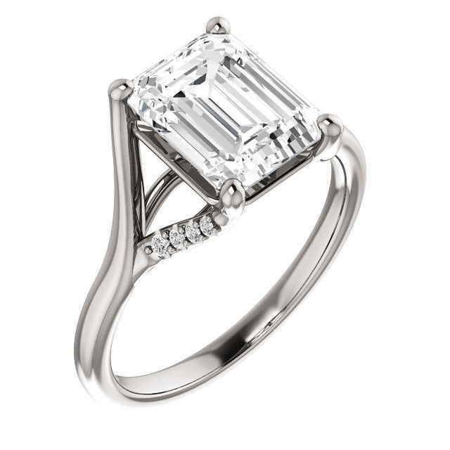 Emerald / Radiant Split Shank Accented Cathedral Moissanite Engagement Ring