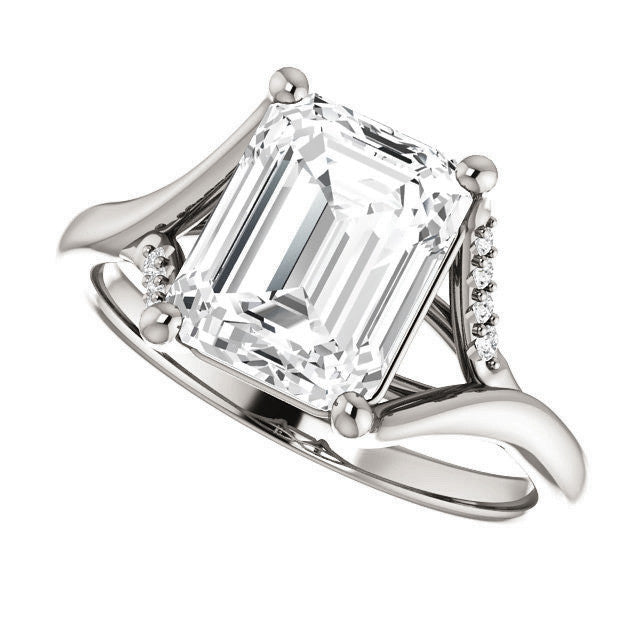 Emerald / Radiant Split Shank Accented Cathedral Moissanite Engagement Ring