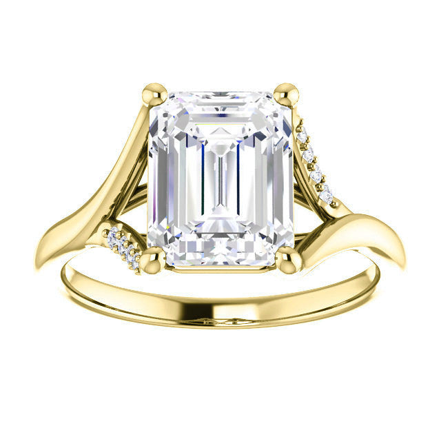 Emerald / Radiant Split Shank Accented Cathedral Moissanite Engagement Ring