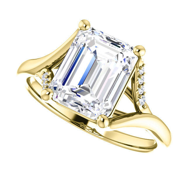 Emerald / Radiant Split Shank Accented Cathedral Moissanite Engagement Ring