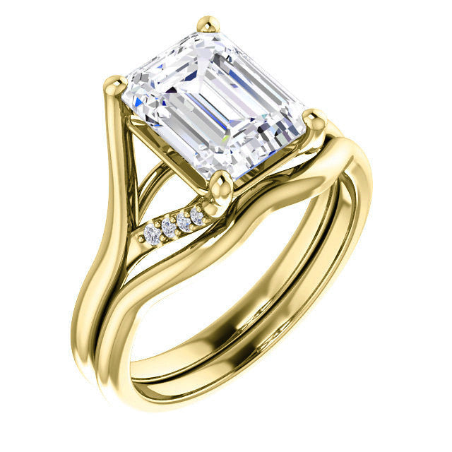 Emerald / Radiant Split Shank Accented Cathedral Moissanite Engagement Ring