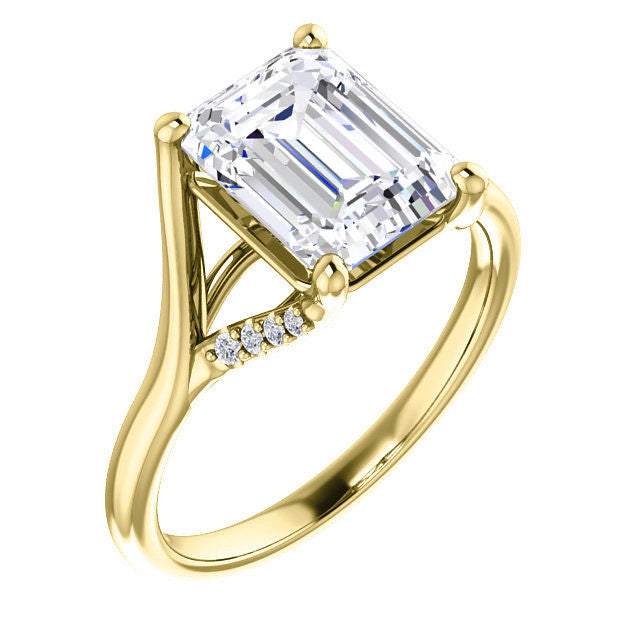 Emerald / Radiant Split Shank Accented Cathedral Moissanite Engagement Ring