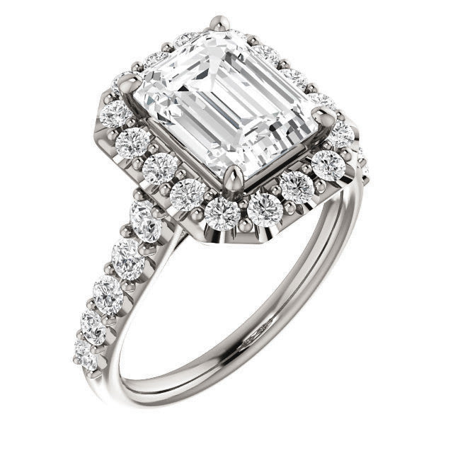Emerald / Radiant Cut Halo Cathedral Engagement Ring
