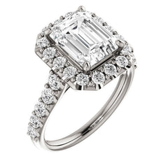 Emerald / Radiant Cut Halo Cathedral Engagement Ring