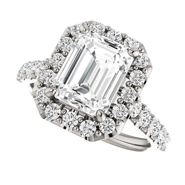 Emerald / Radiant Cut Halo Cathedral Engagement Ring