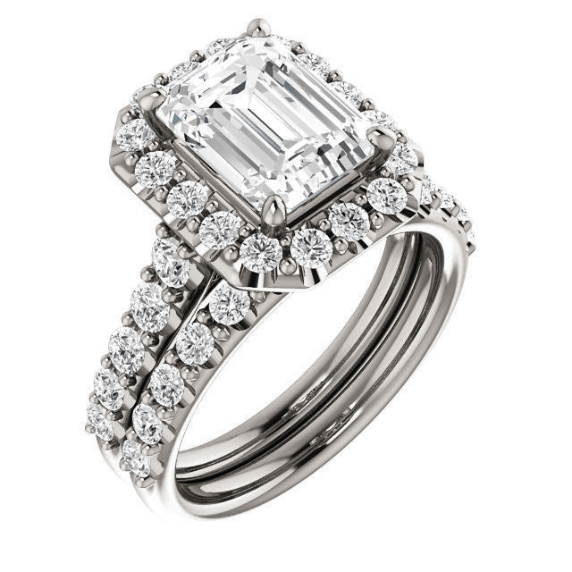 Emerald / Radiant Cut Halo Cathedral Engagement Ring