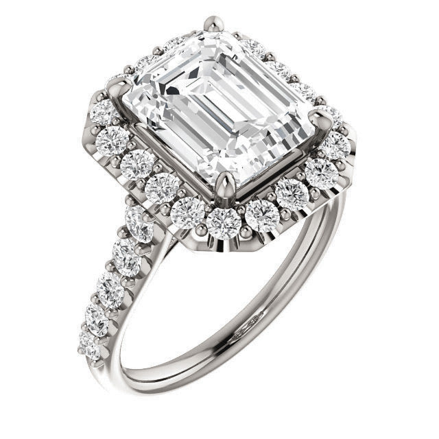 Emerald / Radiant Cut Halo Cathedral Engagement Ring