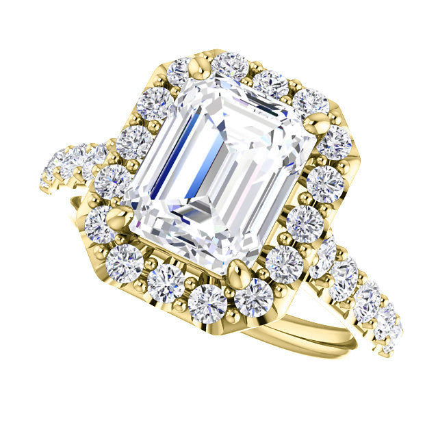 Emerald / Radiant Cut Halo Cathedral Engagement Ring