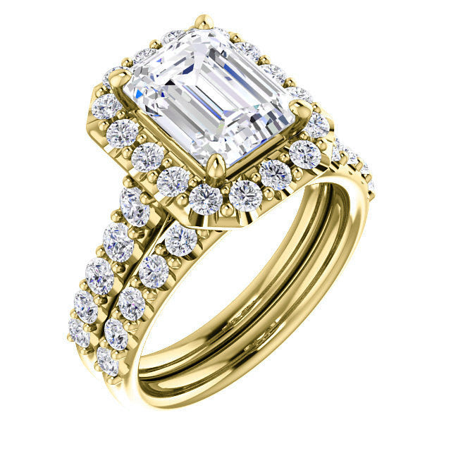 Emerald / Radiant Cut Halo Cathedral Engagement Ring
