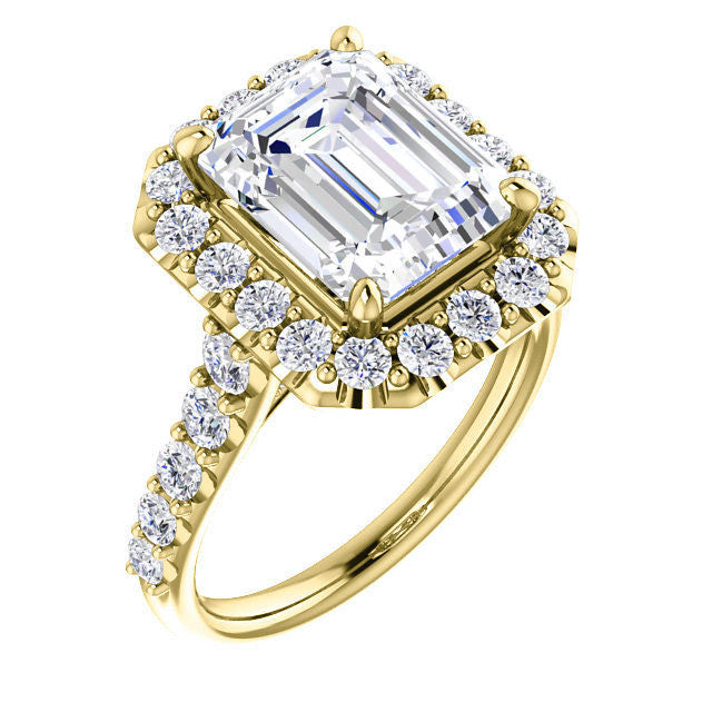 Emerald / Radiant Cut Halo Cathedral Engagement Ring